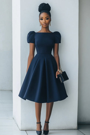 Navy A Line Short Sleeves Boat Neck Midi Work Dress